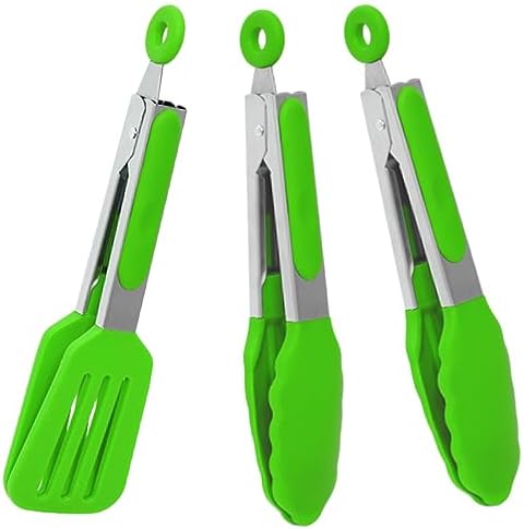 7 Inch Small Serving Tongs with Silicone Tips 3 Pack(Green)