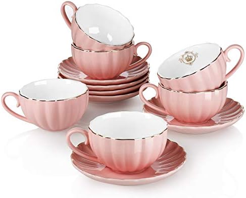 Royal Tea Cups and Saucers, with Gold Trim and Gift Box, British Coffee Cups, Porcelain Tea Set, Set of 6 (8 oz)- Pink