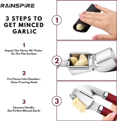 Rainspire Premium Garlic Press Stainless Steel, Garlic Mincer Tool, Garlic Crusher Tool, Garlic Smasher Garlic Masher Includes Silicone Garlic Peeler & Cleaning Brush, Dishwasher Safe (Red)