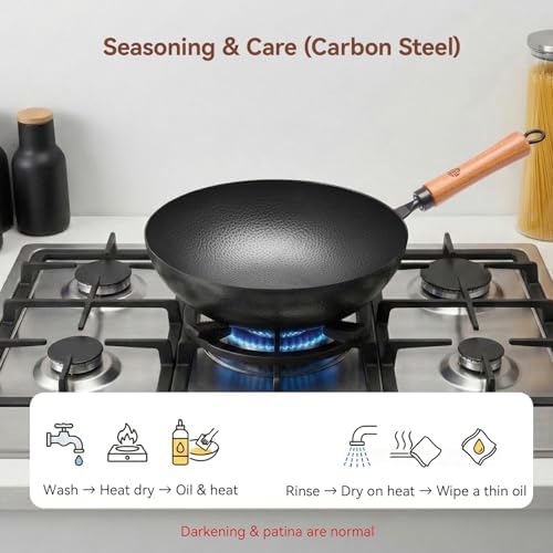 WANGYUANJI 11 Inch Round Bottom Iron Wok, Hand-Hammered Uncoated Wok with Wooden Handle, Traditional Stir-Fry Pan for Gas Stove or Wok Ring, Not for Flat Cooktops