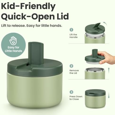 Pawtong 12oz Insulated Vacuum Food Jar with Buckle Lid Wide Mouth Soup Thermo for Hot Food Kids Leakproof Stainless Steel Lunch Container- Green- 1Pack
