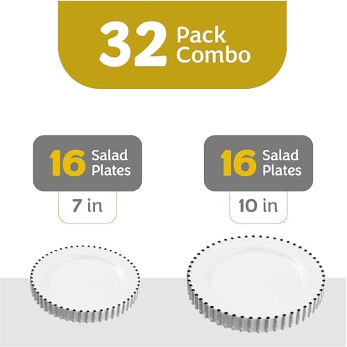 PLASTICPRO 32 Piece Combo Plastic Dinner Plates Disposable Plastic Fancy Heavy Duty Party Dishes 7 inch and 10 inch, White and Black Beaded