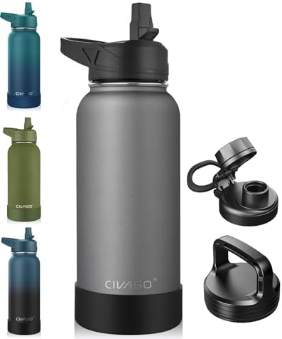 CIVAGO 32 oz Insulated Stainless Steel Water Bottle With Straw and 3 Lids