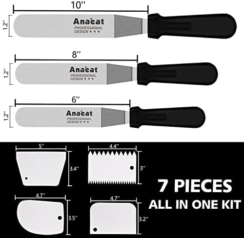 Anaeat Icing Spatula, 3 Pieces Professional Angled Offset Frosting Spatulas with 6", 8", 10" Stainless Steel Blades & 4 Pack Cake Smoother Scraper for Cake Decorating, Baking & Pastry (Set of 7)