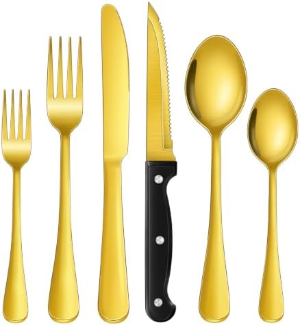 24-Piece Gold Silverware Set with Steak Knives Black Stainless Steel Flatware Set for 4 Food Grade Tableware Cutlery Set Rust-proof, Mirror Polished, Dishwasher Safe
