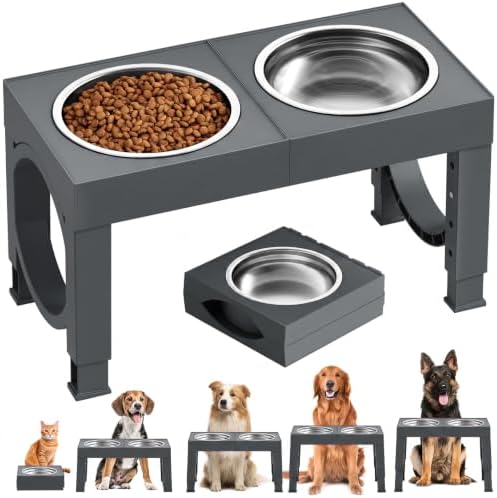 XIAZ Elevated Dog Bowls Large Breed Raised Dogs Bowl Stand Large/Medium Sized Dog Stainless Steel Food Water Bowl Stands 5 Heights Adjustable 9/11/12/14in Pet Feeder Dish Station