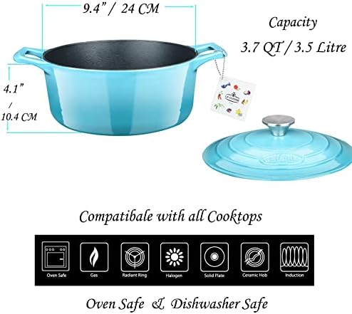 La Cuisine Enameled Cast Iron Dutch Oven Casserole Dish Pot with Lid, 3.7 QT 9.5 Inches Dia. Matte Black Enamel Interior, Teal Porcelain Enamel Exterior Oven-Safe