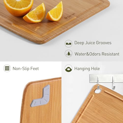 Lightweight Durable Bamboo Cutting Board with Non-Slip Feet, Reversible Wood Cutting Board with Juice Groove Easy to Store & Clean, Water-Resistant Ideal Kitchen Gift for Home Cooks