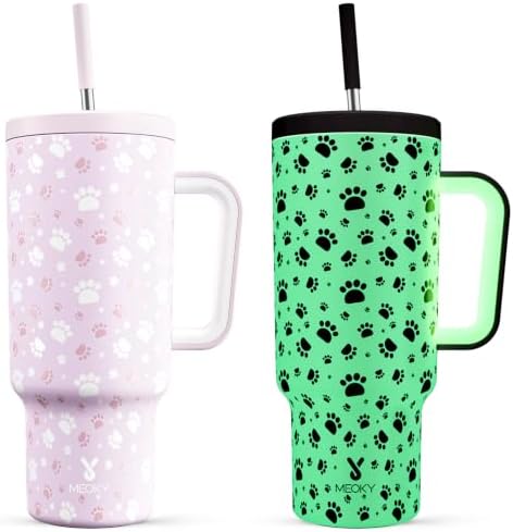 Meoky Glow in the Dark Tumbler: 40 oz Tumbler with Handle and Straw- Stainless Steel Insulated Tumbler for Car Cup Holders - Travelers Commuters Workers (1 Pack, Paw)