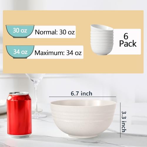 Homestockplus [Non Ceramic] 34 Oz Big Bowls， Soup Bowls BPA-Free Dishwasher & Microwave Safe Bowl Sets for Cereal, Salad, Soup, Ramen,Noodle,Oatmeal,Snack Apply to Kitchen, Freezer【Set of 6】