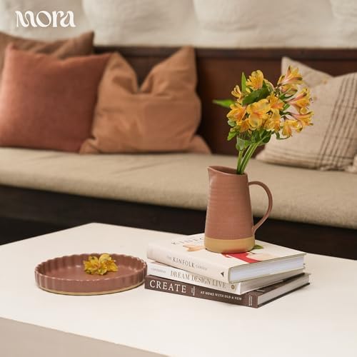 MORA Ceramic Tart Pan, 9.5 Inch Large Porcelain Baking Dish for Tarts, Quiche, Pie, Flan etc. Fluted Ruffled Edge, Oven, Microwave, Freezer, and Dishwasher safe - Great Gift For Bakers - Terracotta
