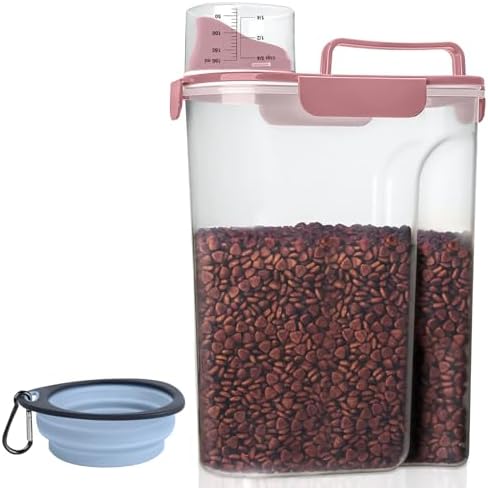 LEAWALK 5-7Lbs Dog Cat Food Storage Container with Upgraded Large Nozzle BPA-free, 4 Snap Seals Plastic Pet Food Storage Containers with Handles (Rose Pink, 5L-1pack)