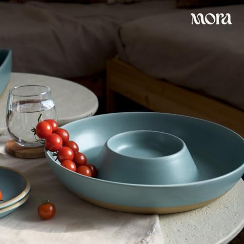 MORA Ceramic Chips and Dip Serving Tray: Large Divided Party Bowl Set for Chips & Salsa, Veggies & Dip, Fruit, Snacks, Entertaining, Hosting, etc. Minimalist Design for the Modern Hostess - Iris
