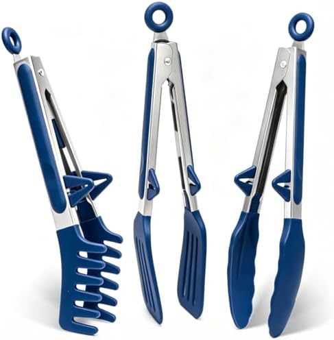 9" Kitchen Tongs for cooking with Silicone Tips, 3Pcs Serving Tongs, Blue