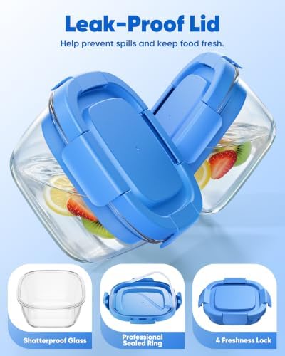 Canfanni Glass Salad Container, 56oz Bowl with Airtight Lids, Tray, Fork