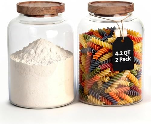 77L 2 PCS Large Glass Food Storage Jars with Airtight Lids, 4.2 Qt Wide Mouth Glass Canister Set for Pantry, Rice, Flour, Sugar, Cereal & Coffee