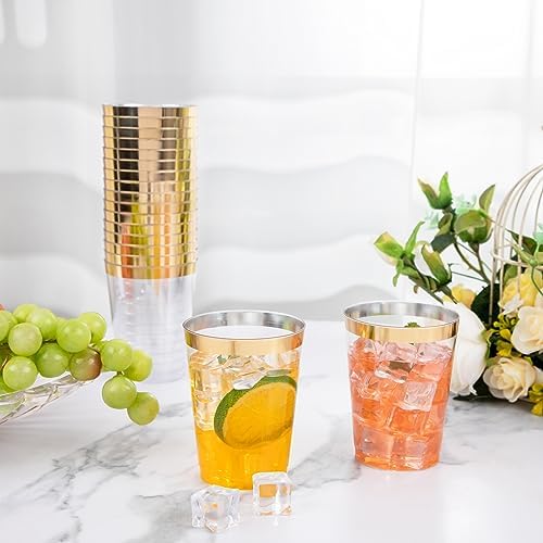 I00000 100 Pack Gold Plastic Cups, 10 OZ Clear Plastic Cups