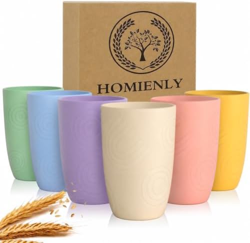Homienly Wheat Straw Cups Lightweight Drinking Glasses Unbreakable Plastic Tumblers Dishwasher & Microwave Safe Plastic Cups for Kitchen, Travel, Camping, 12oz Reusable Cup Set (6 PCS, Multilight)