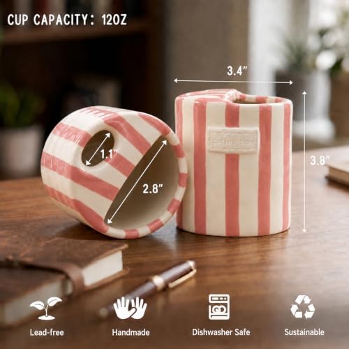 Ceramic Coffee Mug with Sip Hole, 12oz To Go Ceramic Mug Striped