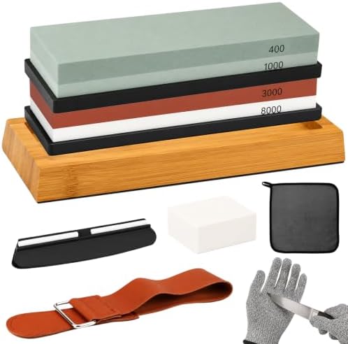 10-Piece Knife Sharpening Stone Set, Professional Whetstone 4 Side 400/1000 3000/8000 Grit, Whetstone Knife Sharpener Stone Kit, Non-slip Base, Leather Strop, Nagura Stone and Angle Guide