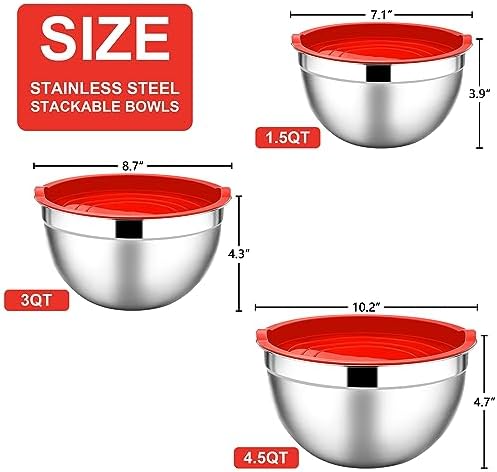 E-far Mixing Bowls with Lids Set, 6-Piece Stainless Steel Salad Bowls