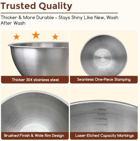 Gronivex Stainless Steel Mixing Bowls Set, 3-Piece (1.5, 2.2 & 3.4 Qt)
