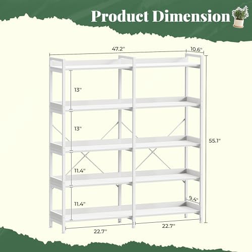 Huuger 5 Tier Bookshelf with 10 Open Shelves and Raised Baffle, White