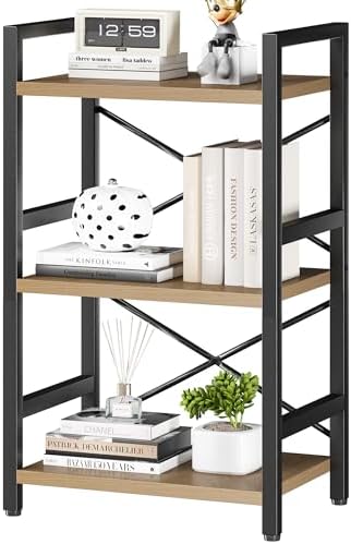Homeiju Bookshelf, 3 Tier Industrial Bookcase, Metal Small Bookcase, Rustic Etagere Book Shelf Storage Organizer for Living Room, Bedroom, and Home Office(Light Coffee) Patent Pending D29873033