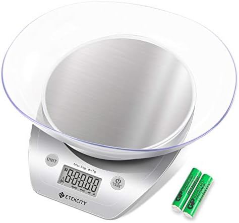 Etekcity Food Kitchen Scale Bowl, Digital Ounces and Grams for Cooking, Baking, Meal Prep, Dieting, and Weight Loss, 11lb/5kg, Silver