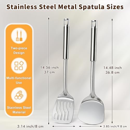 2 Pcs Stainless Steel Spatulas Set, Metal Spatula Solid & Slotted Turner, Heavy Duty Sturdy Spatula for Kitchen Use, High Heat Resistant Cooking Utensils for Fish Eggs Pancakes, Easy to Clean, Silver