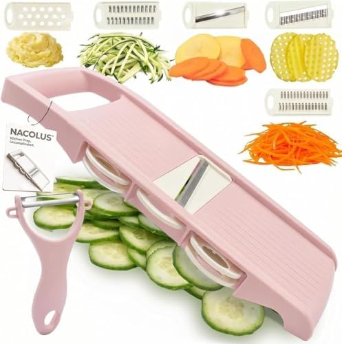 NACOLUS Mandoline Slicer for Kitchen Slicer Vegetable Cutter 5 In 1 Veggie Slicer Potato Slicer waffle fry cutter Hot Swap Mandolin with Peeler for Vegetables Carrot Shredder Cucumber Slicer - Pink