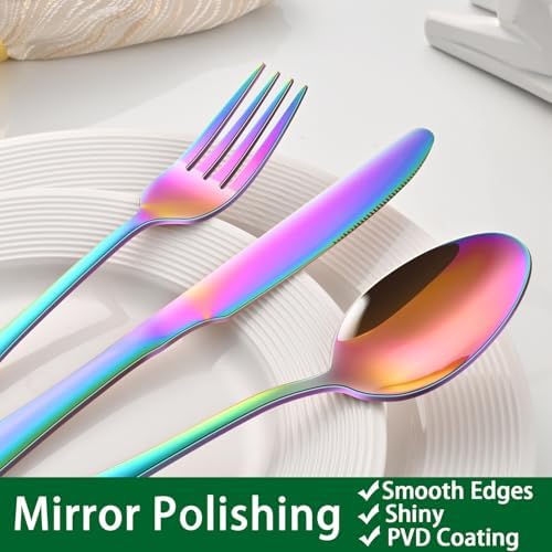 24 PCs Colorful Rainbow Silverware Sets Service For 4, Dining Utensils Set
