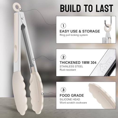 HOTEC Premium Stainless Steel Locking Kitchen Tongs with Silicon Tips, Set of 3-7", 9" and 12" (Khaki)