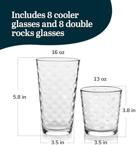 Libbey Awa Polka Dot Tumbler & Rocks Drinking Glasses Set of 16, Glass Cups