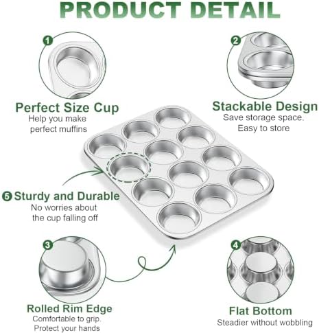 12-Cup Stainless Steel Muffin Pan, Cupcake Pan Metal Muffin Baking Tins for Oven & Dishwasher Safe, Cupcake Pans for Baking Non-toxic & Easy Clean Set of 2 ﻿