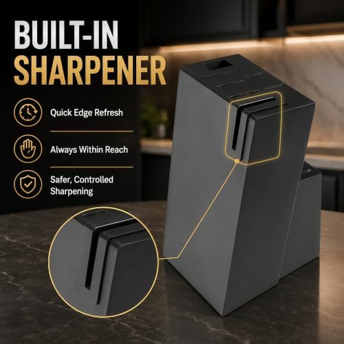 LINHAO 14-Piece Black Kitchen Knife Block Set with Built-In Sharpener