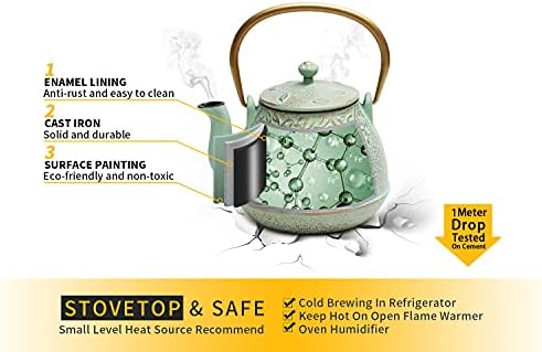 TOPTIER Tea Kettle for Stove Top, Cast Iron Teapot Stovetop Safe with Infusers for Loose Tea, 22 oz, Light Green