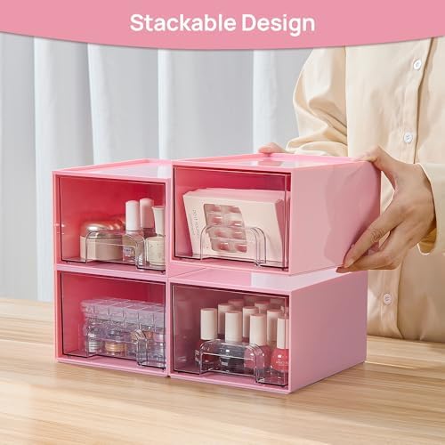 Vtopmart 4 Pack Small Clear Stackable Storage Drawers, Pink