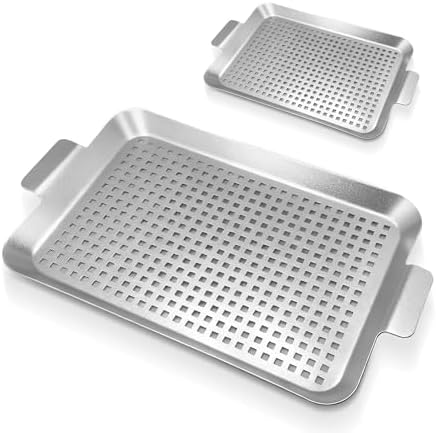 Grill Pan Set of 2, Grill Topper for Outdoor Grill, Stainless Steel Roasting Basket with Handles, Perforated Grill Tray for Smoker Roasting, Oven, BBQ Accessories (Small+Large)