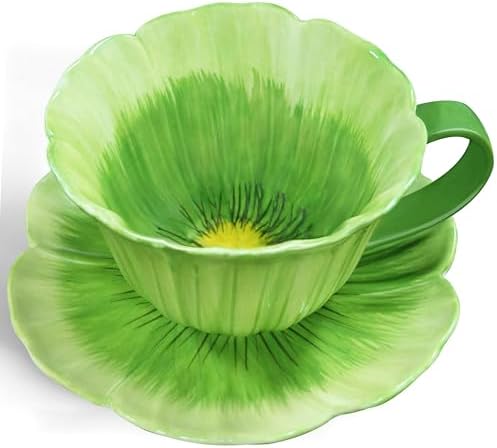 10 oz Tea Cups and Saucers, Ceramic Flower-shaped Cappuccino Cup, Latte Cup and Saucer set, elegant floral Espresso Cup set, Suitable for microwave and dishwasher-Green