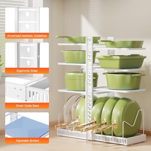 LAMU Pots and Pans Organizer under Cabinet, Pan Pot Organizers inside Cabinet with 6 Shelves and Pot Lid Organizer, Adjustable Height Up to 24", Holds up to 12 Pans, Lightweight Pots, White