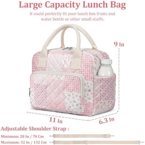 WOBAGMEN Quilted Lunch Box for Women, Insulated Lunch Bag for Adult,Cute Lunch Tote Bags for Work Picnic Travel (Pink Patchwork, M)