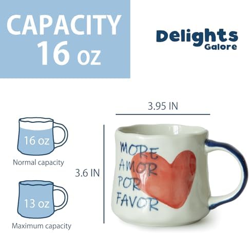 16oz Hand-painted Heart and Stripe Ceramic Mug Set of 4, Large Capacity Tea Milk Coffee Cups, Romantic Valentine Birthday Housewarming Gift for Women Coffee Lovers, Microwave & Dishwasher Safe