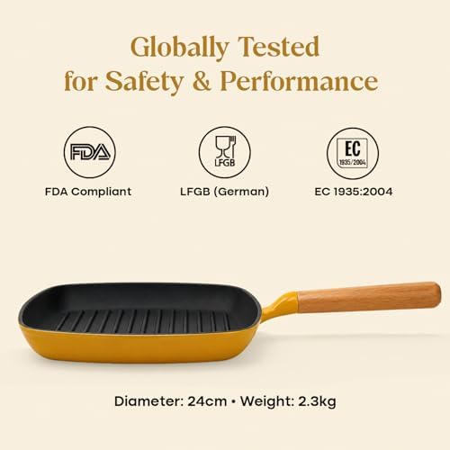 CUMIN CO. Enameled Cast Iron Grill Pan 10 Inch, 1.2 QT Grill Skillet – Non Toxic PFAS Free Cookware – 4 Layer Enamel Coated – Indoor Grill Pan for Steak, Chicken, Burgers & Vegetables (Mustard)