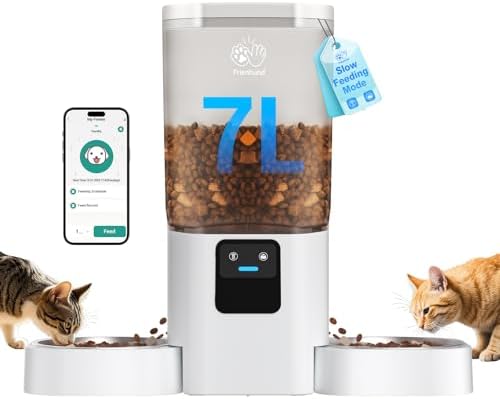 Frienhund Automatic Cat Feeder 2 Cats with Slow Feed: Dual Automatic Dog Feeder with 5G WiFi, Cat Food Dispenser with APP Control for Multiple Pets, Detachable for Easy Clean, Double Pet Bowl - 29 Cup