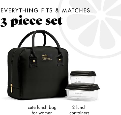 Fit & Fresh Bloomington Lunch Bag for Women - Insulated Large Lunch Box for Work with Containers, Leak-Resistant, Stain-Resistant, Zipper Closure, Black
