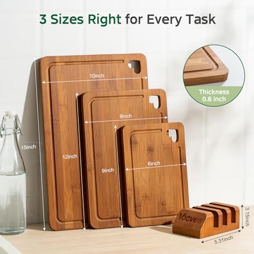 Bamboo Cutting Boards for Kitchen(Set of 3), Wood Cutting Board with Wood Storage Stand, Charcuterie & Chopping Board for Vegetables and Meat, with Deep Juice Groove, Ideal Kitchen Gifts