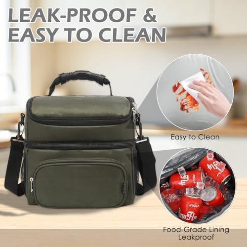 FlowFly Double Layer Cooler Insulated Lunch Bag Adult Lunch Box Large Tote Bag for Men, Women, With Adjustable Strap,Front Pocket and Dual Large Mesh Side Pockets