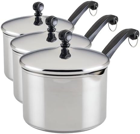 Farberware Classic Series Stainless Steel Straining Sauce Pan with Lid, 3-Quart Sauce Pan With Pour Spout (Pack of 3)