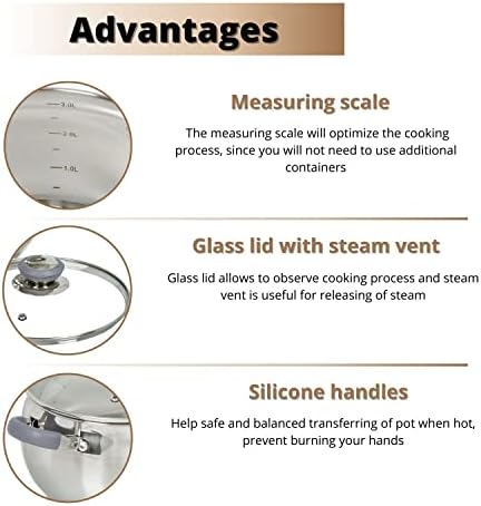 Daniks Modern 3 Quart Stainless Steel Stock Pot with Glass Lid, Tri-Ply Bottom for Even Heating, Induction Compatible, Dishwasher Safe, Heatproof Handles